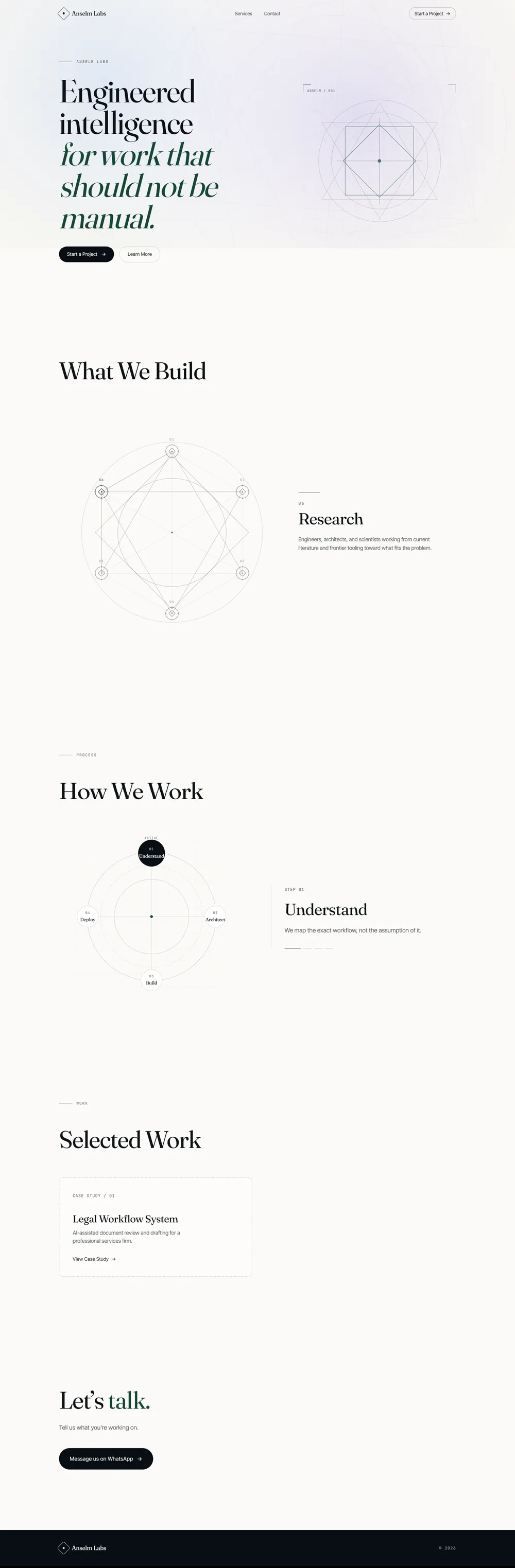 Anselm Labs website homepage. AI systems consultancy with a dark, technical design.