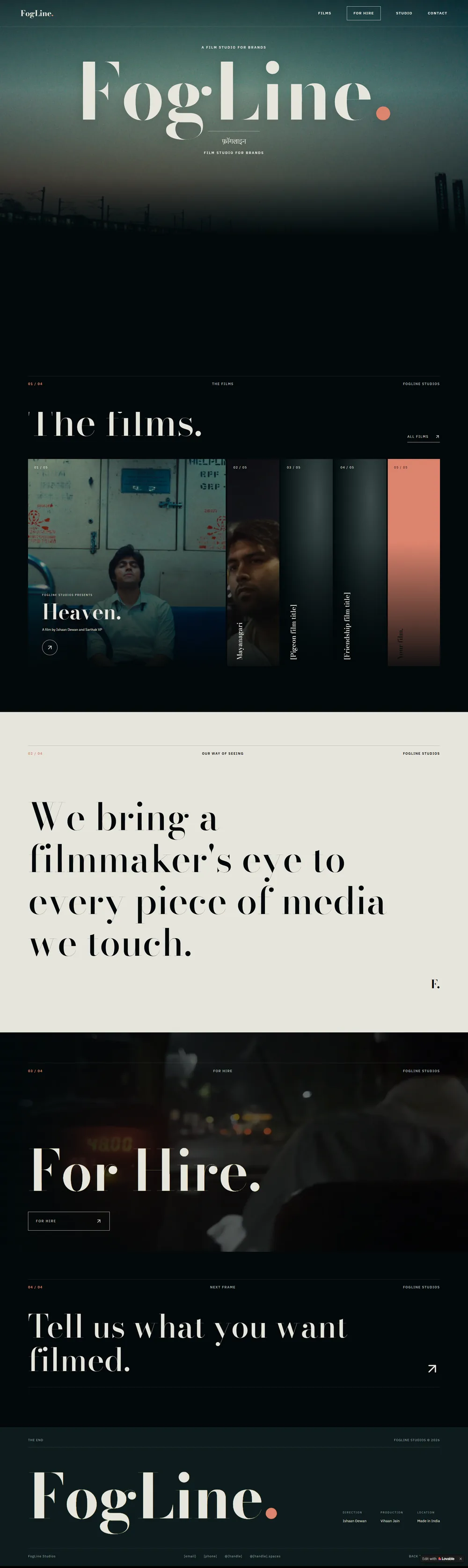 FogLine Studios website homepage. A film studio for brands making shorts, commercials and drone work.