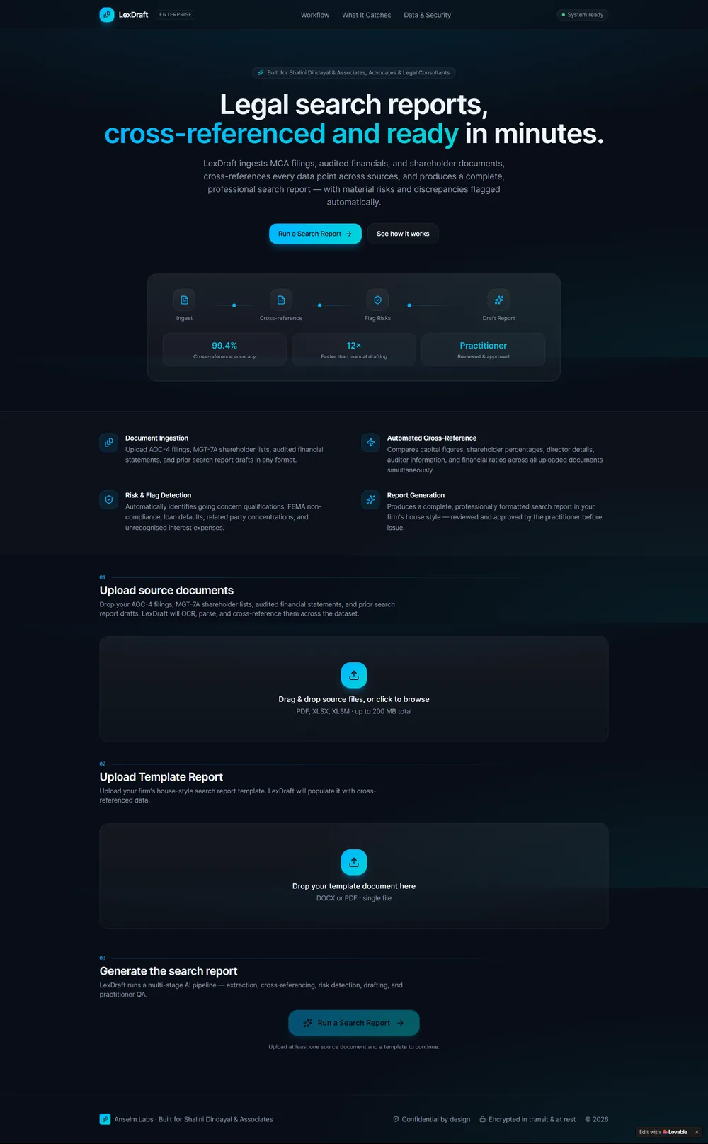 LexDraft web app homepage. Legal search reports cross referenced and drafted from filings and financials.