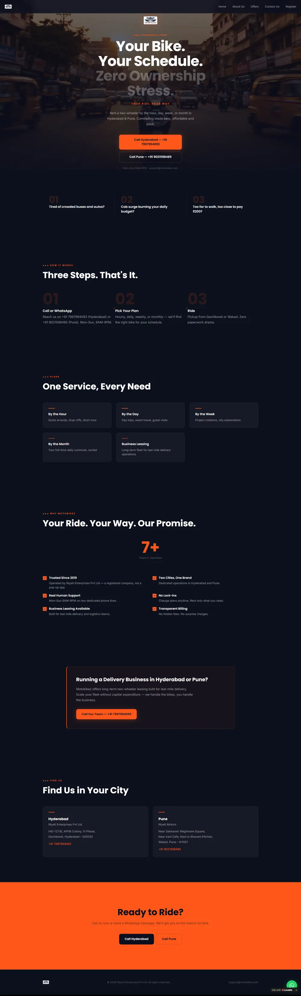 Motobikez website homepage. Two wheeler rentals by the hour, day, week or month with call booking.