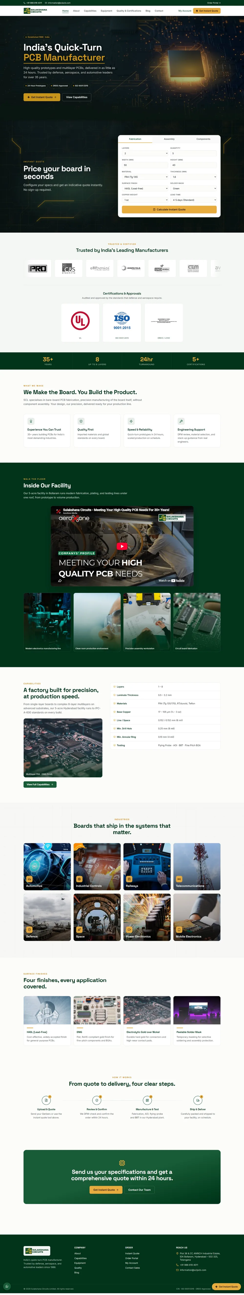 Sulakshana Circuits website homepage. Quick turn PCB manufacturer with an instant quote calculator.