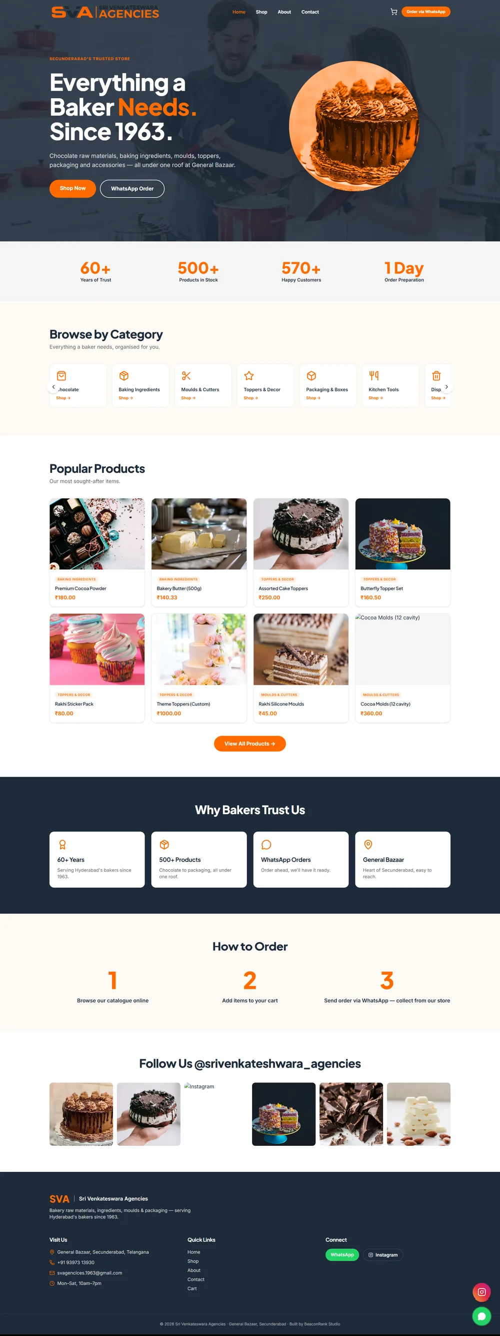 Sri Venkateswara Agencies website homepage. Bakery supplies catalogue with WhatsApp ordering.