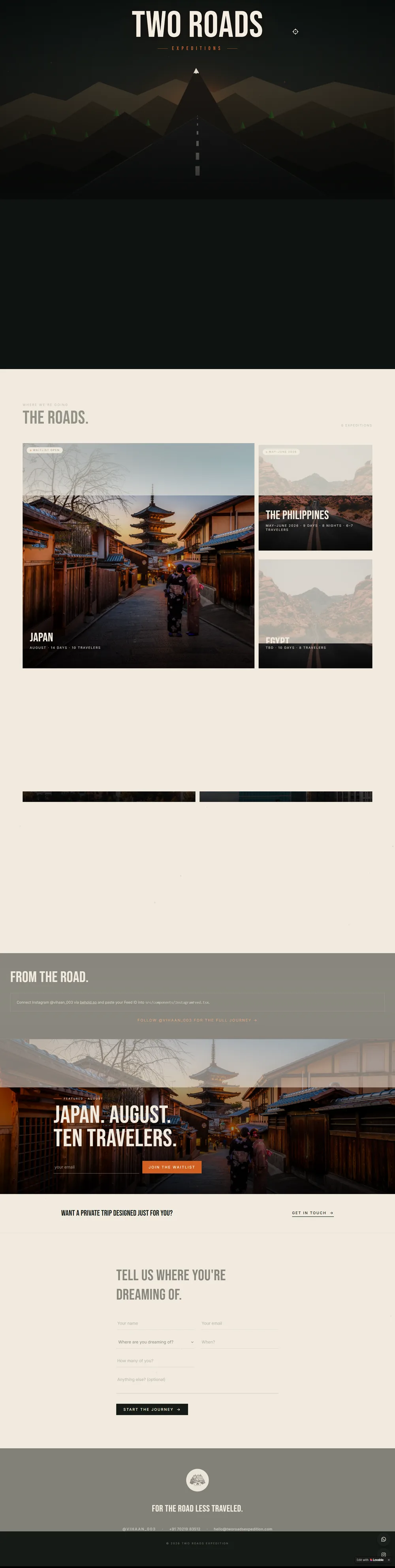 Two Roads Expeditions website homepage. Small group expeditions with trip pages, waitlists and enquiries.